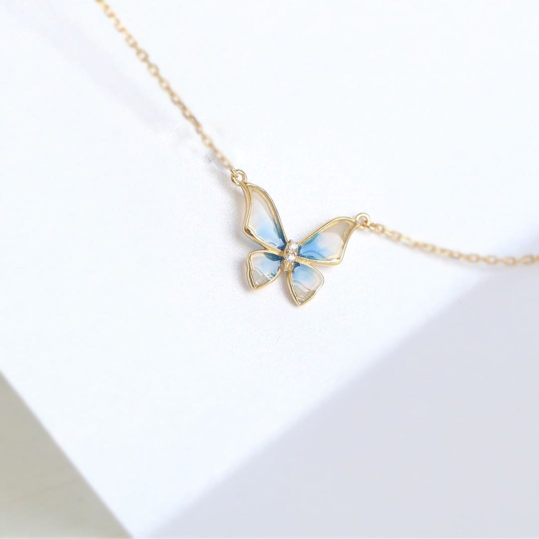 Dainty CZ Inlaid Enamel Butterfly Necklace Bracelet Set