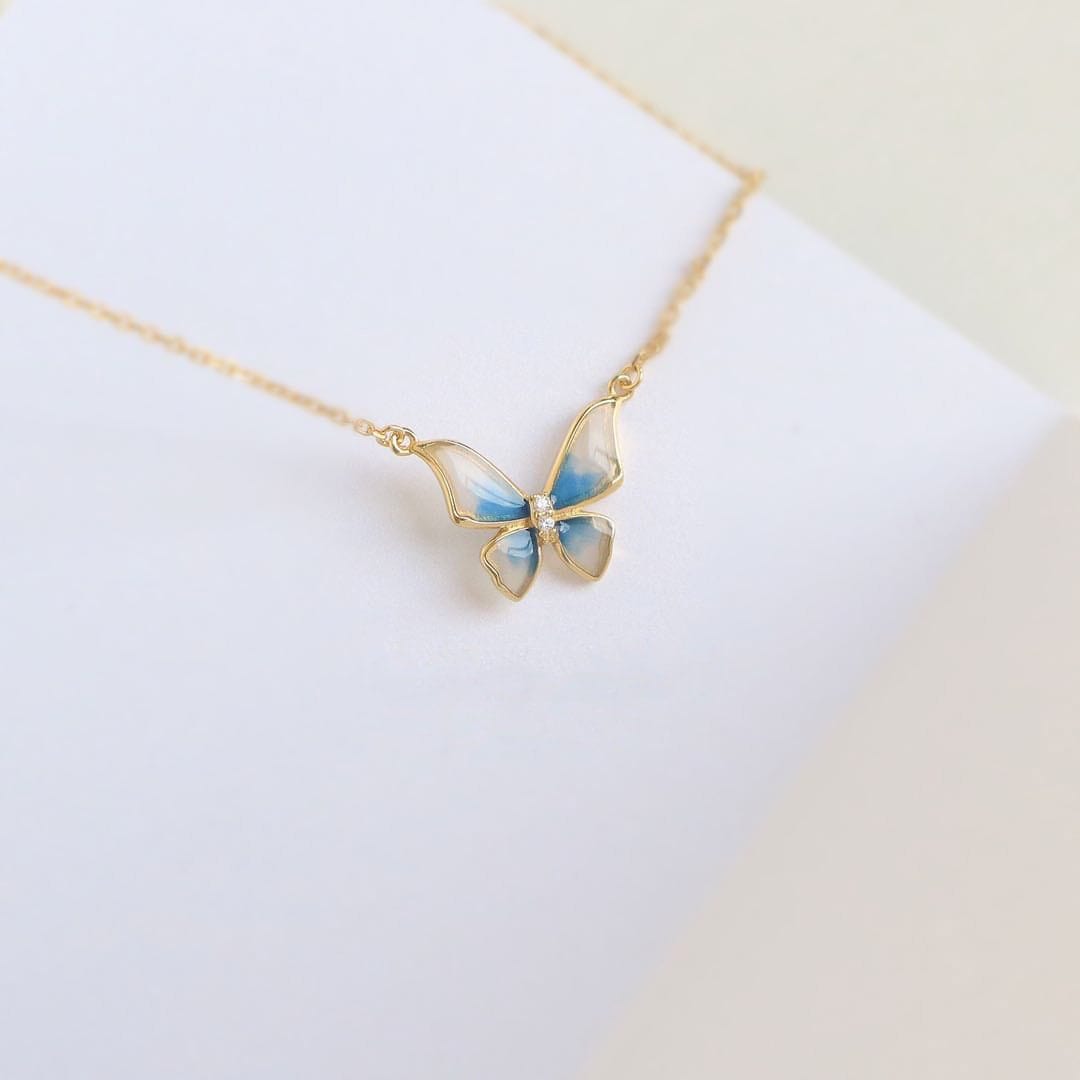 Dainty CZ Inlaid Enamel Butterfly Necklace Bracelet Set