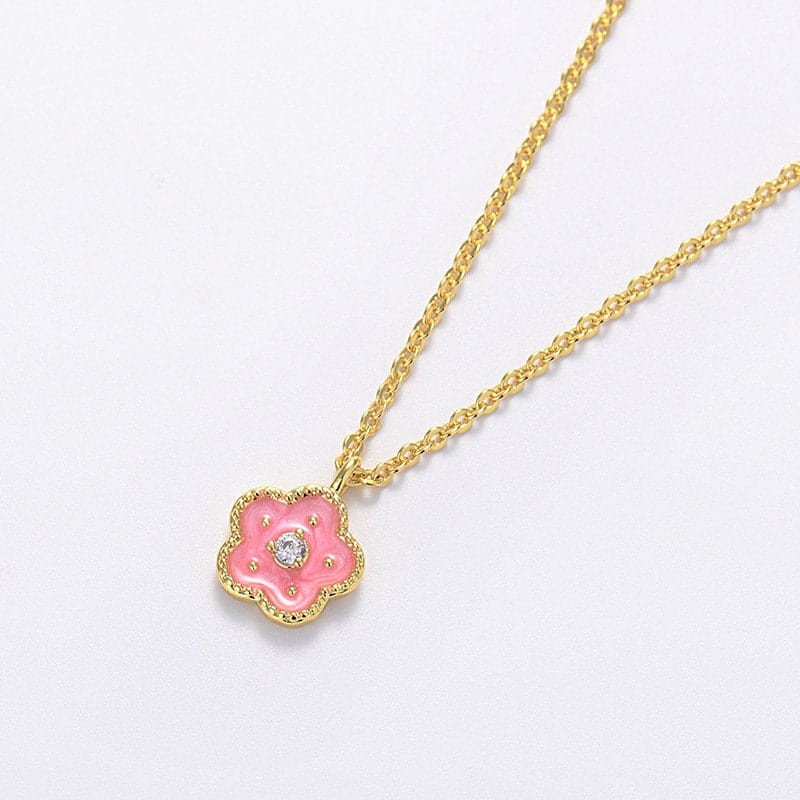 Dainty CZ Inlaid Enamel Pink Cherry Blossom Pendant Necklace