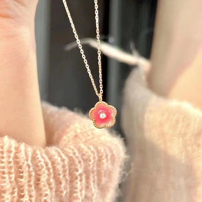 Dainty CZ Inlaid Enamel Pink Cherry Blossom Pendant Necklace