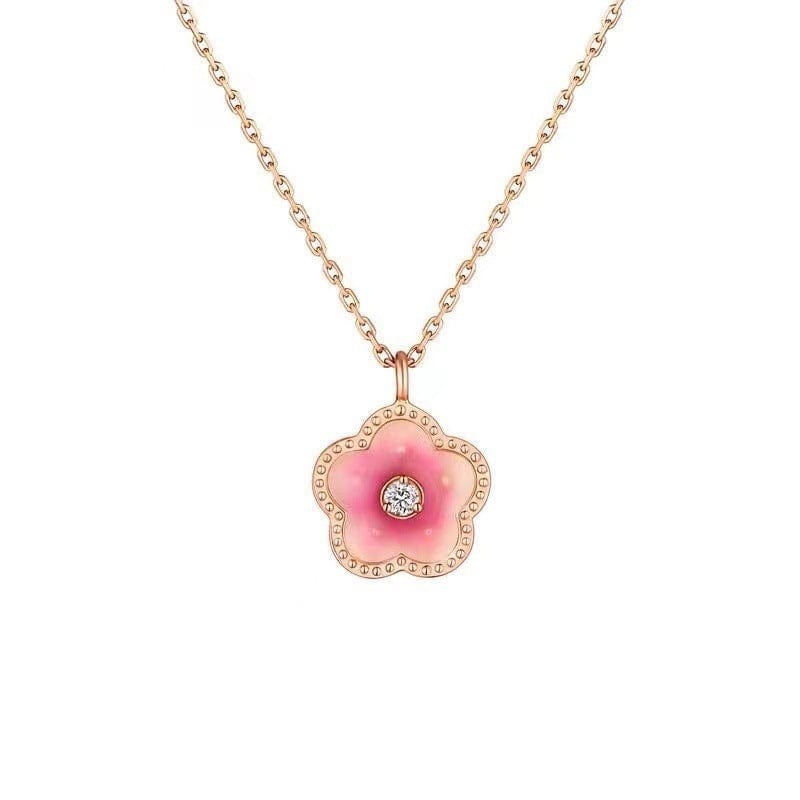 Dainty CZ Inlaid Enamel Pink Cherry Blossom Pendant Necklace