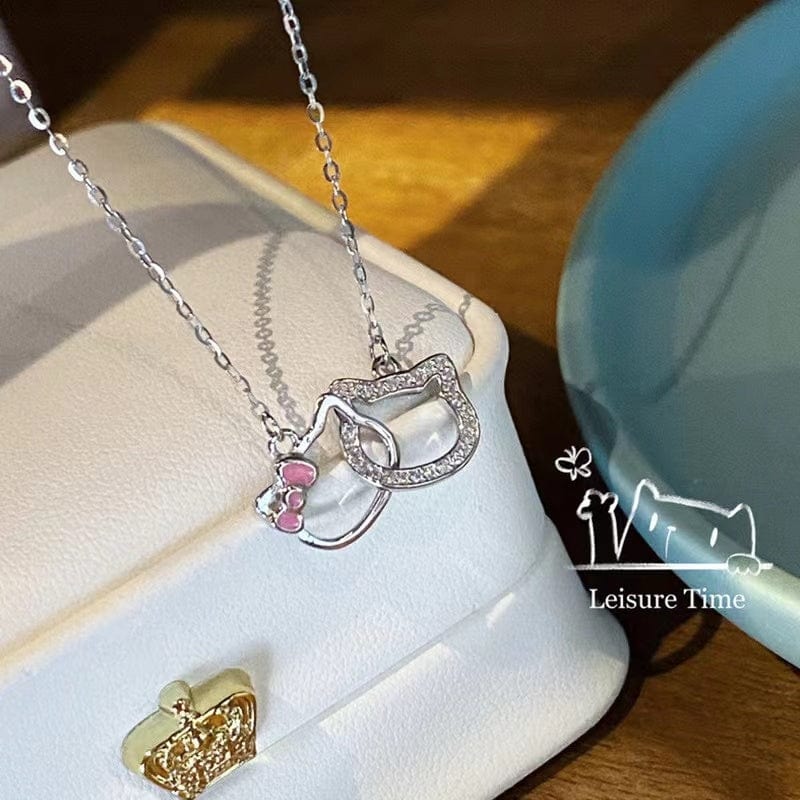 Dainty CZ Inlaid Kitty Pendant Necklace