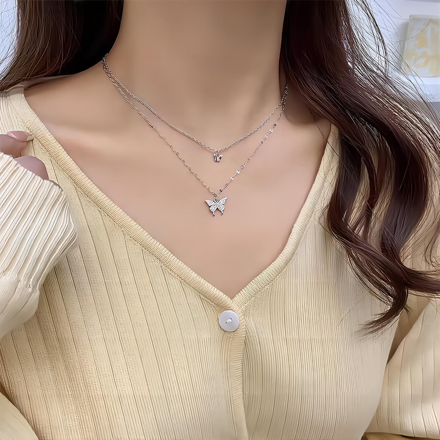 Dainty CZ Inlaid Layering Butterfly Necklace