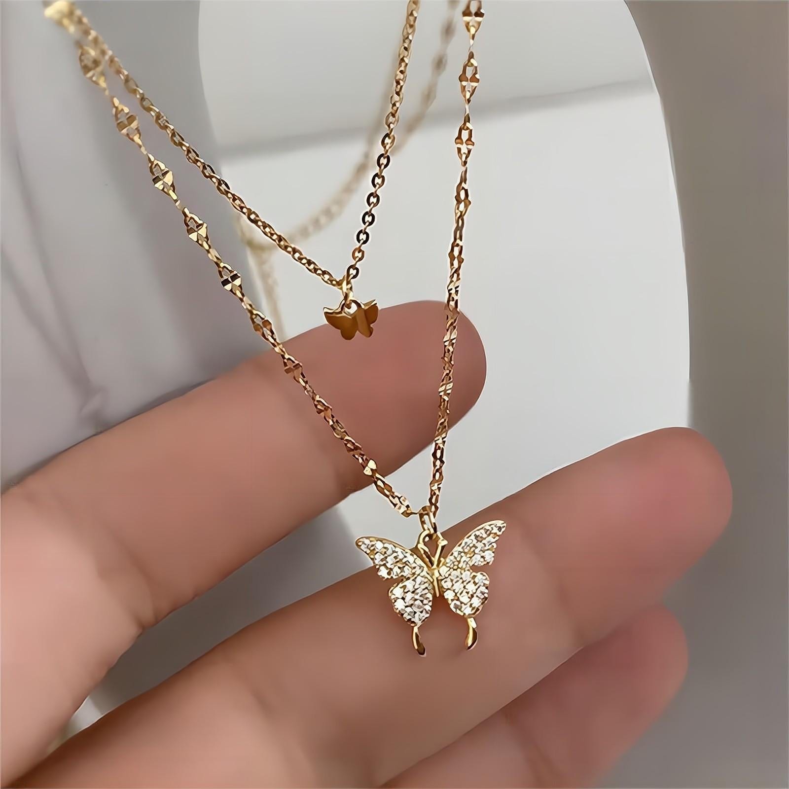 Dainty CZ Inlaid Layering Butterfly Necklace