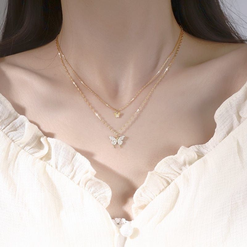 Dainty CZ Inlaid Layering Butterfly Necklace