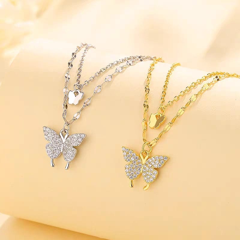 Dainty CZ Inlaid Layering Butterfly Necklace