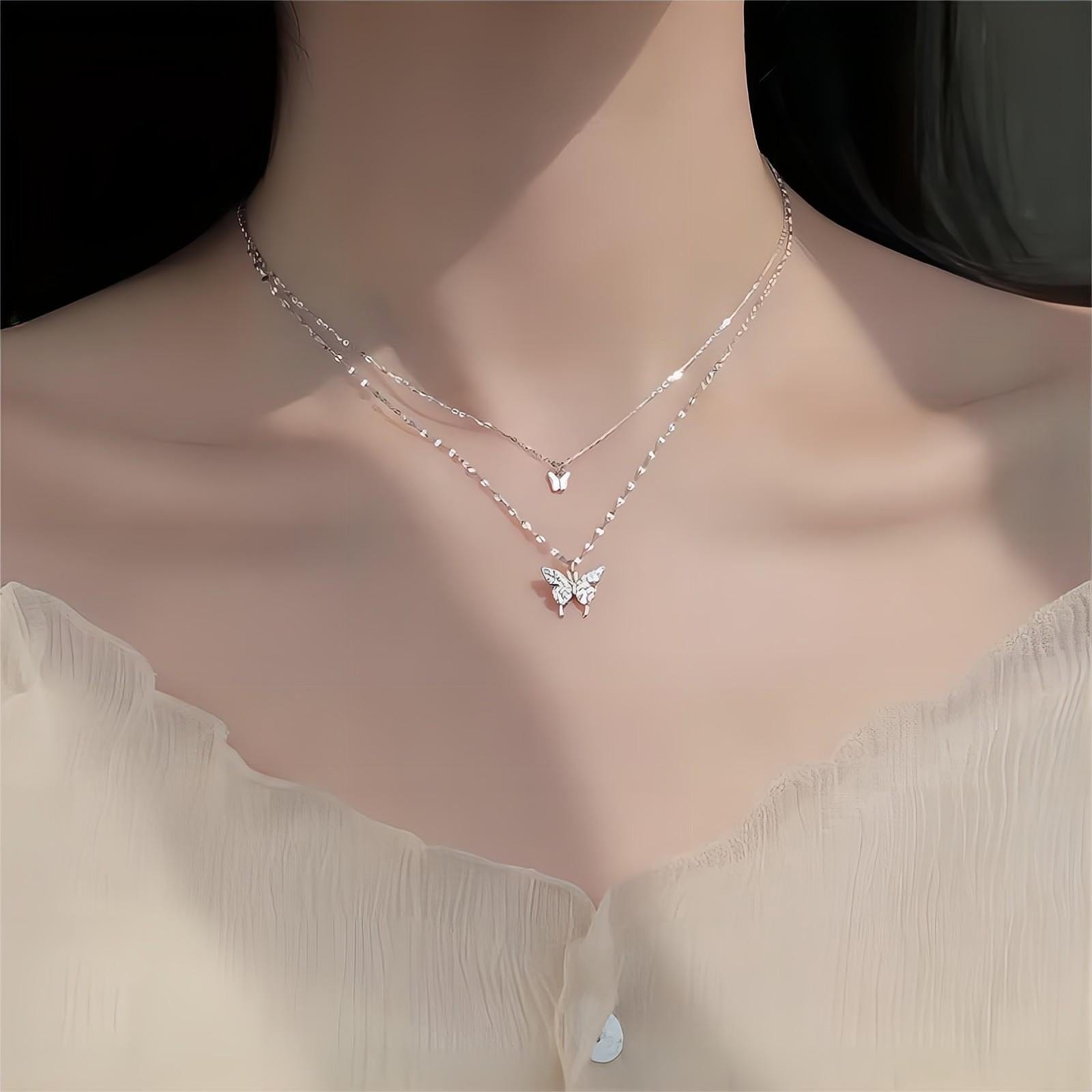 Dainty CZ Inlaid Layering Butterfly Necklace