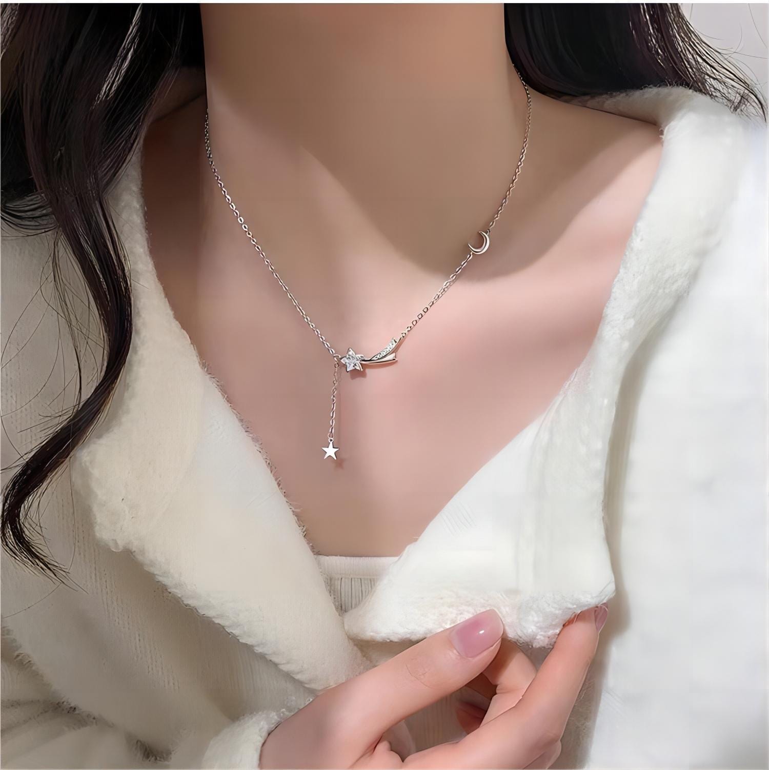 Dainty CZ Inlaid Meteor Star Moon Phase Necklace