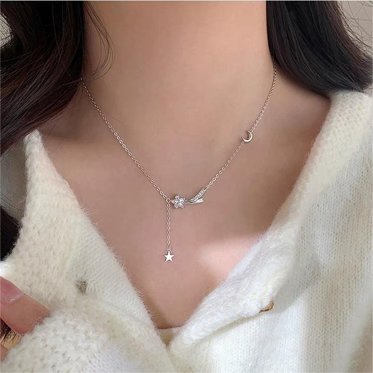 Dainty CZ Inlaid Meteor Star Moon Phase Necklace