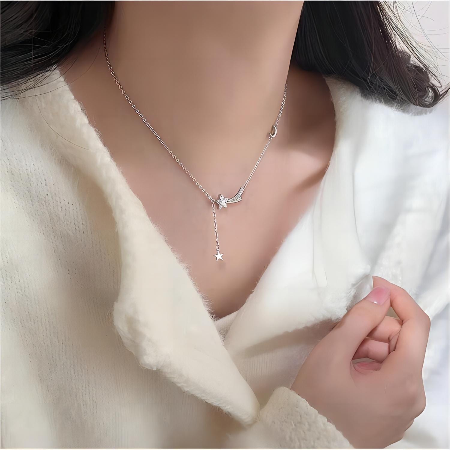 Dainty CZ Inlaid Meteor Star Moon Phase Necklace