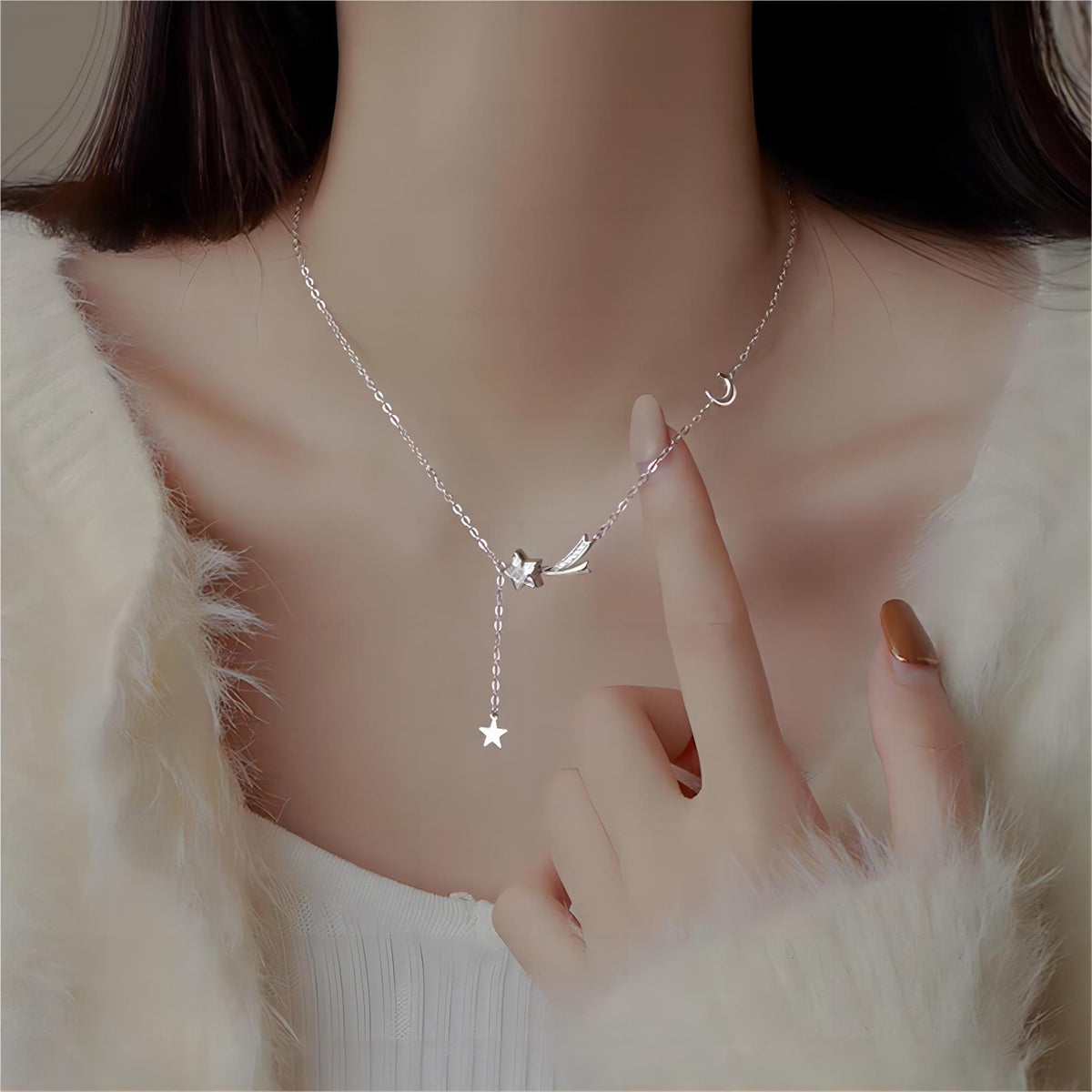 Dainty CZ Inlaid Meteor Star Moon Phase Necklace