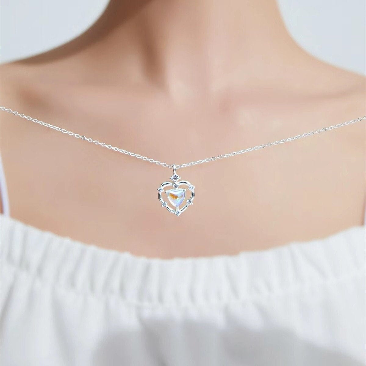 Dainty CZ Inlaid Opal Heart Pendant Choker Necklace