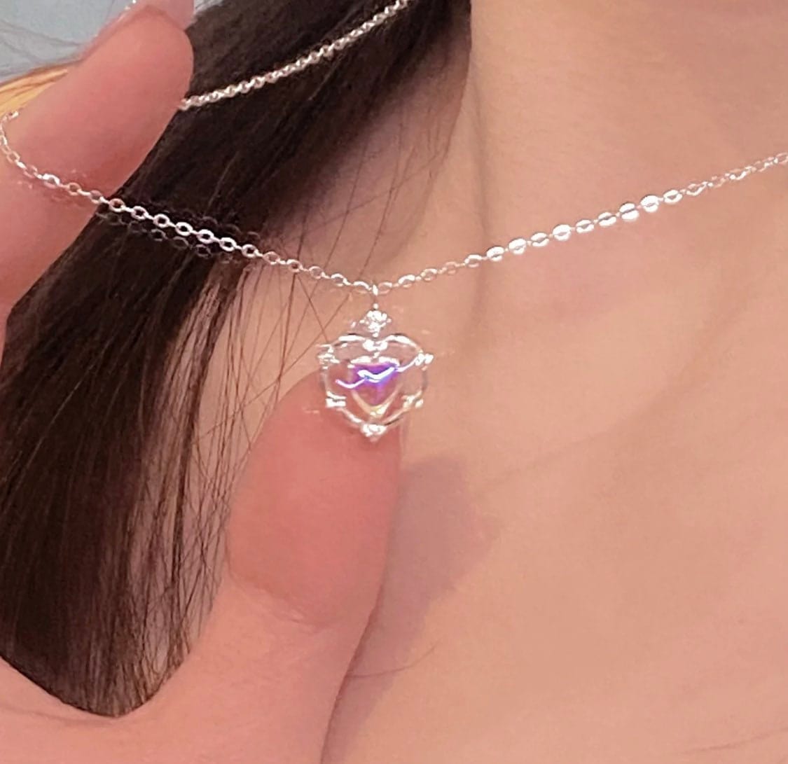 Dainty CZ Inlaid Opal Heart Pendant Choker Necklace