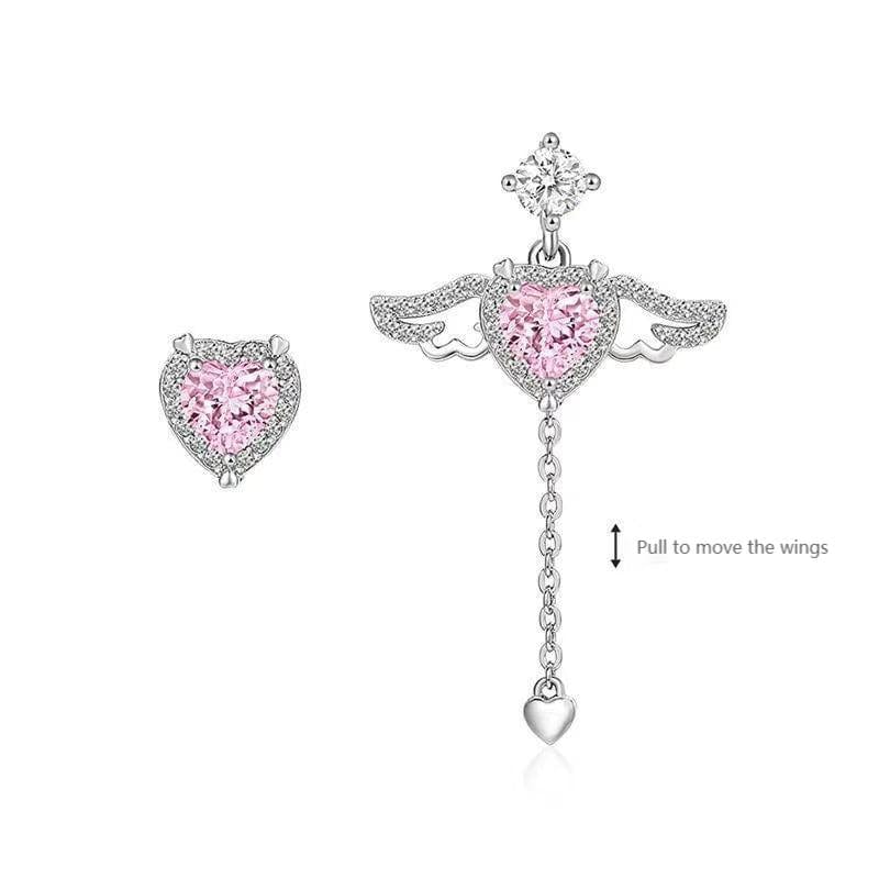 Dainty CZ Inlaid Pink Crystal Cupid Heart Wings Earrings