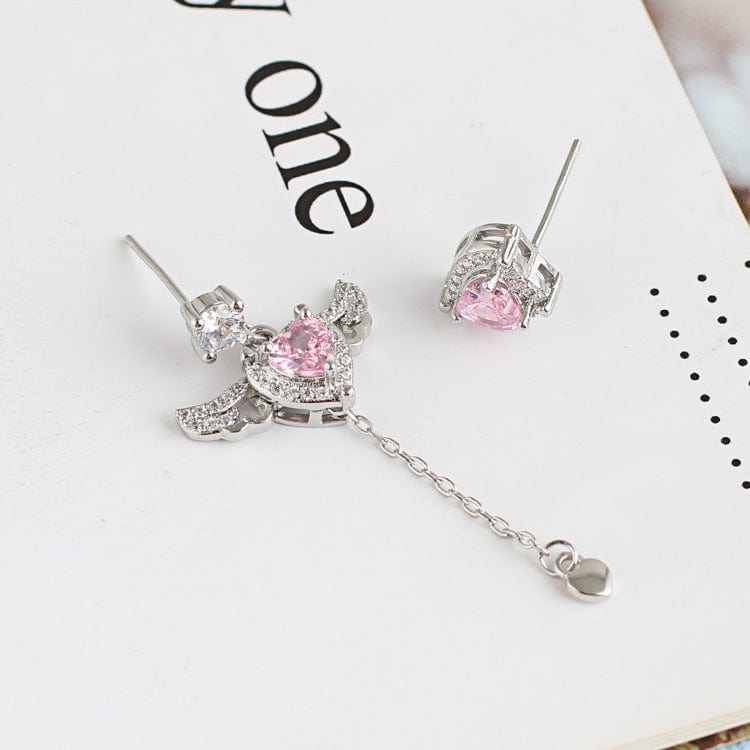 Dainty CZ Inlaid Pink Crystal Cupid Heart Wings Earrings