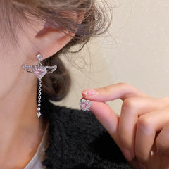 Dainty CZ Inlaid Pink Crystal Cupid Heart Wings Earrings