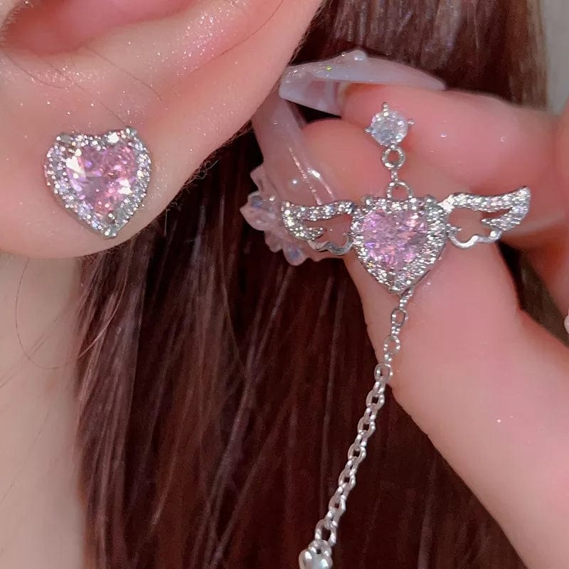 Dainty CZ Inlaid Pink Crystal Cupid Heart Wings Earrings