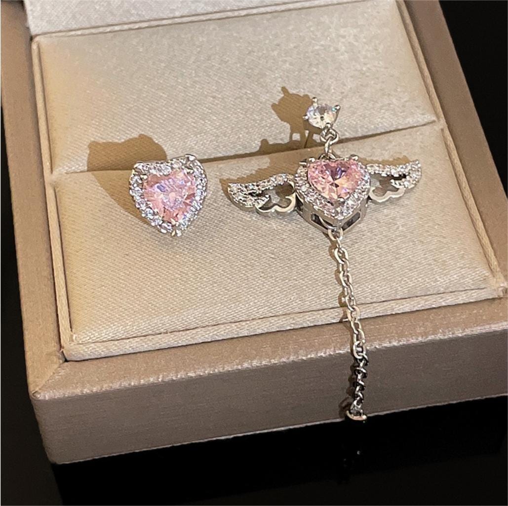 Dainty CZ Inlaid Pink Crystal Cupid Heart Wings Earrings