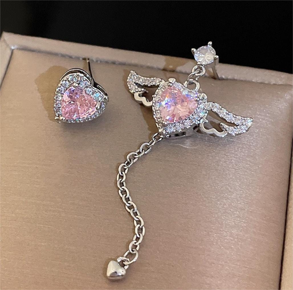 Dainty CZ Inlaid Pink Crystal Cupid Heart Wings Earrings