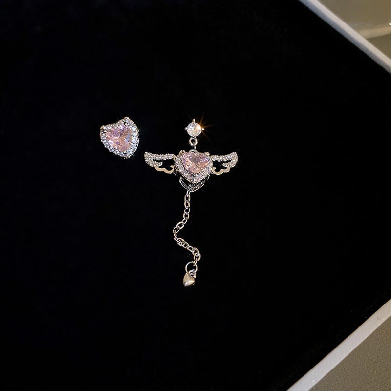 Dainty CZ Inlaid Pink Crystal Cupid Heart Wings Earrings