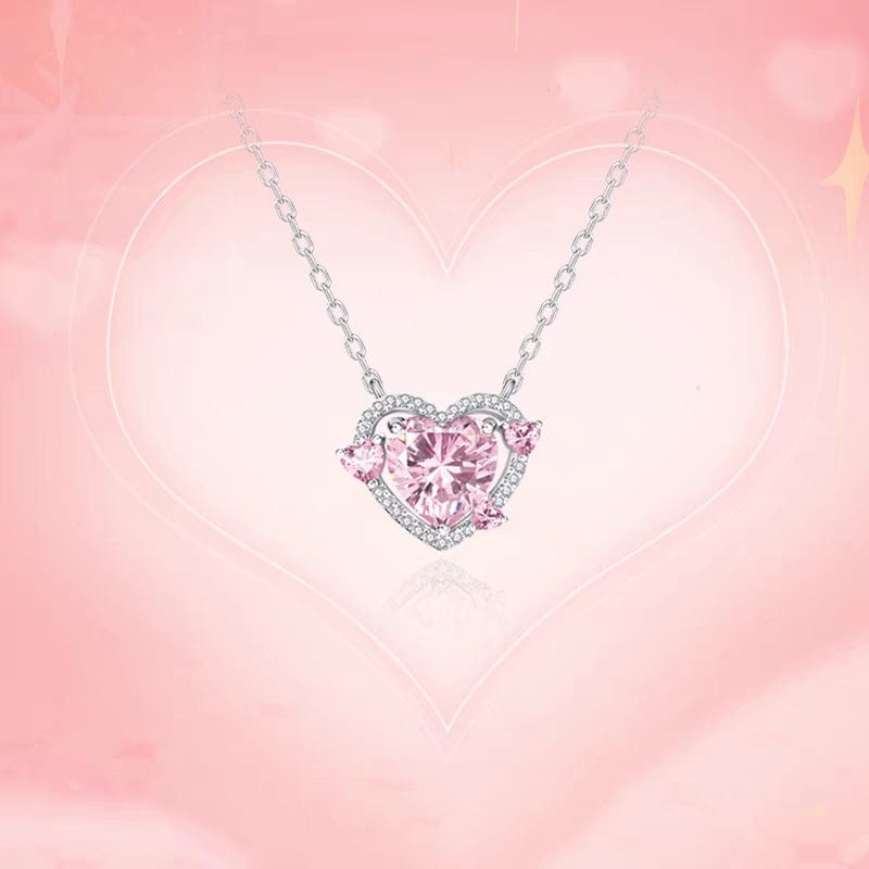 Dainty CZ Inlaid Pink Crystal Heart Necklace