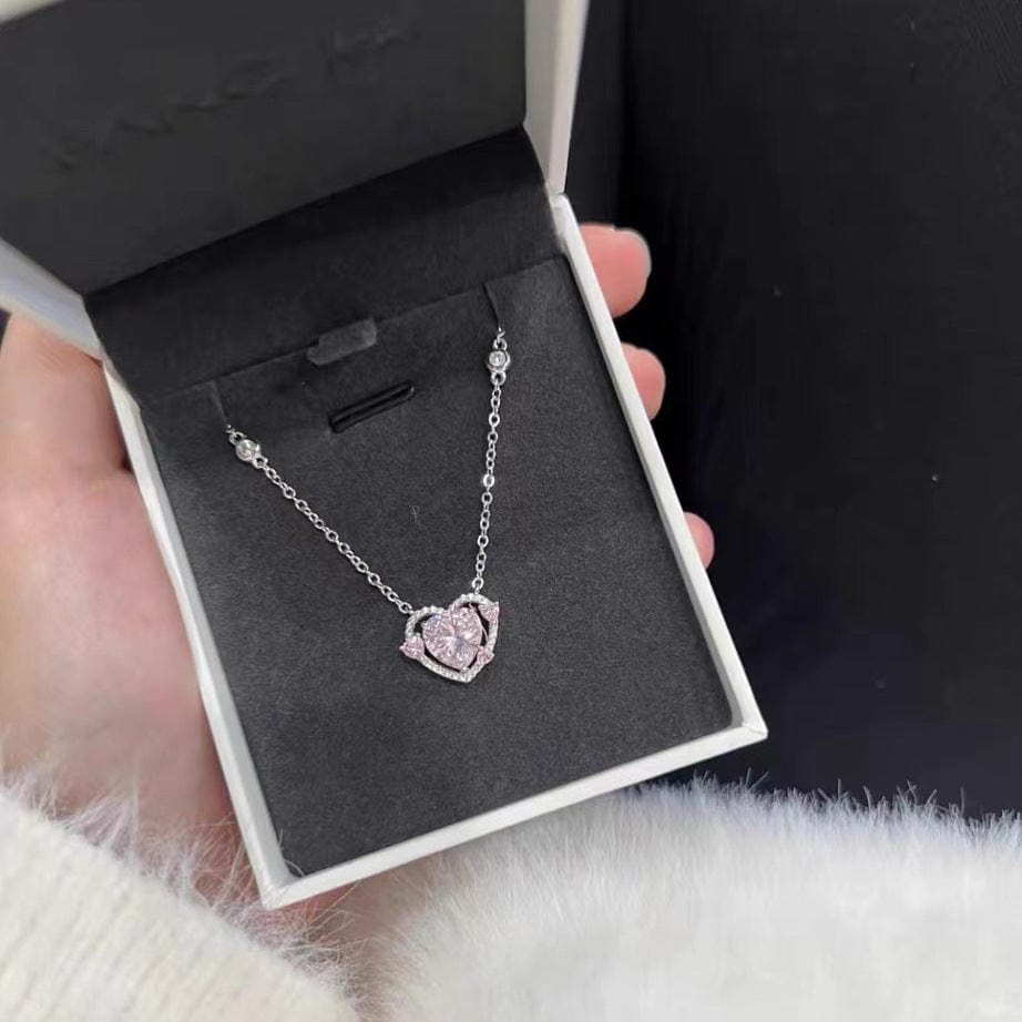 Dainty CZ Inlaid Pink Crystal Heart Necklace