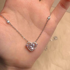 Dainty CZ Inlaid Pink Crystal Heart Necklace