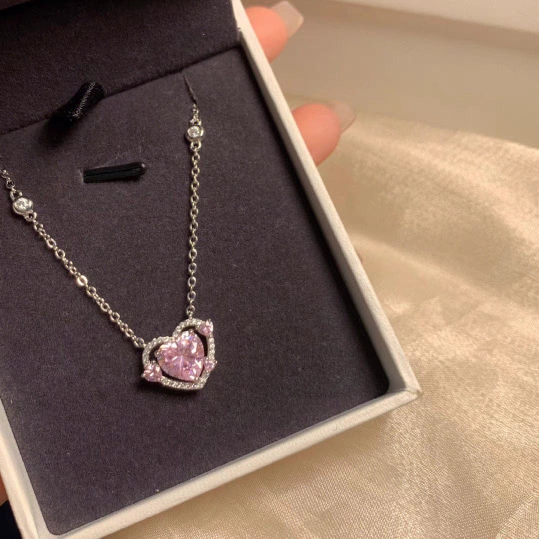 Dainty CZ Inlaid Pink Crystal Heart Necklace