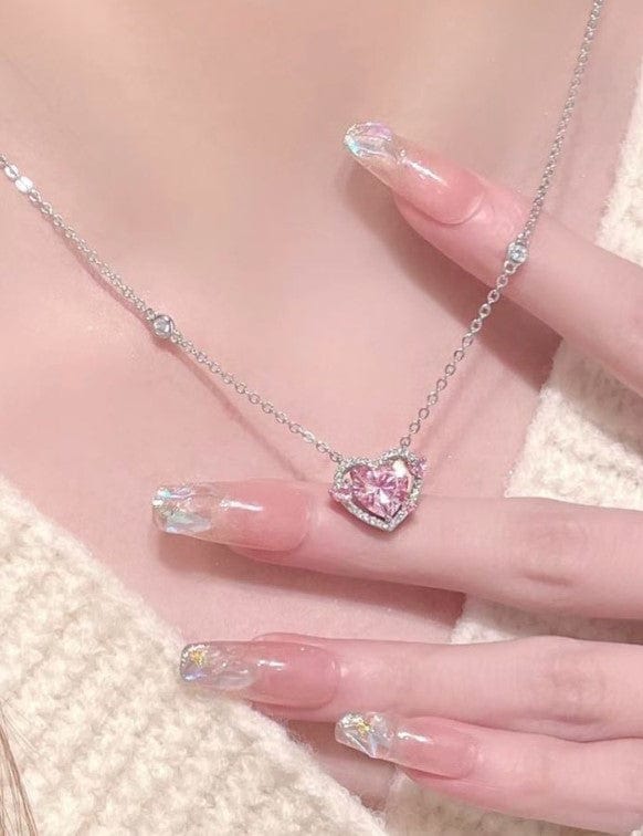 Dainty CZ Inlaid Pink Crystal Heart Necklace