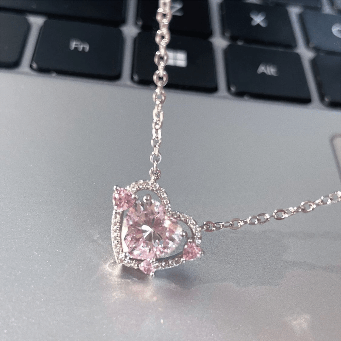 Dainty CZ Inlaid Pink Crystal Heart Necklace