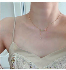 Dainty Enamel Tulip Pearl Charm Rolo Chain Necklace