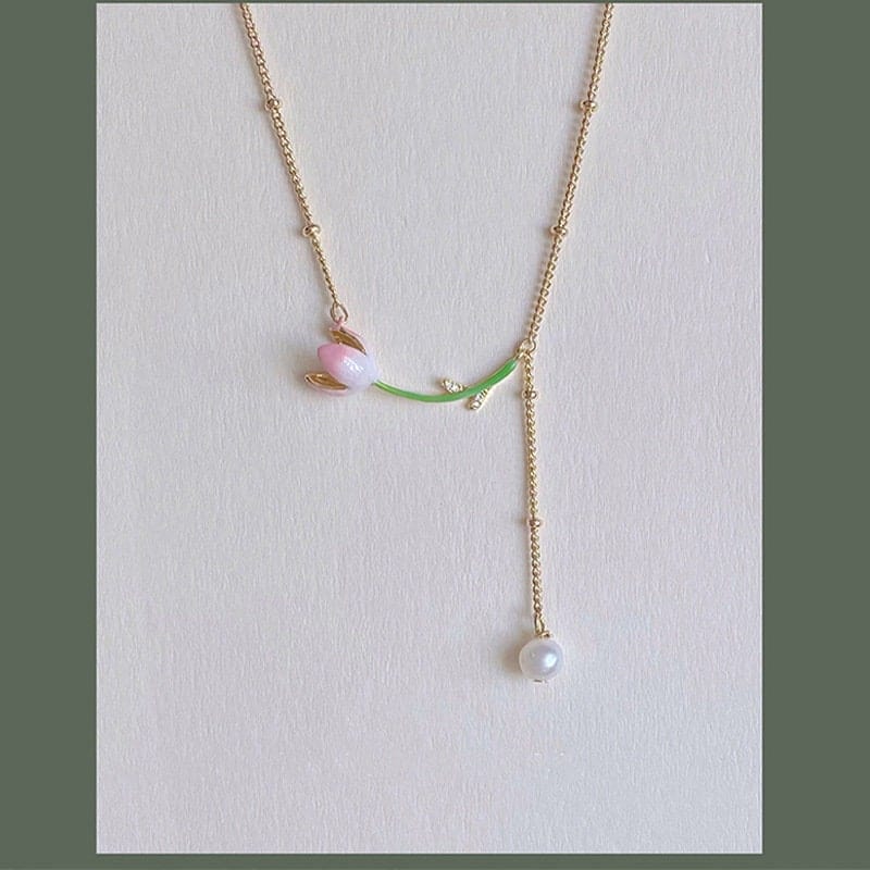 Dainty Enamel Tulip Pearl Charm Rolo Chain Necklace