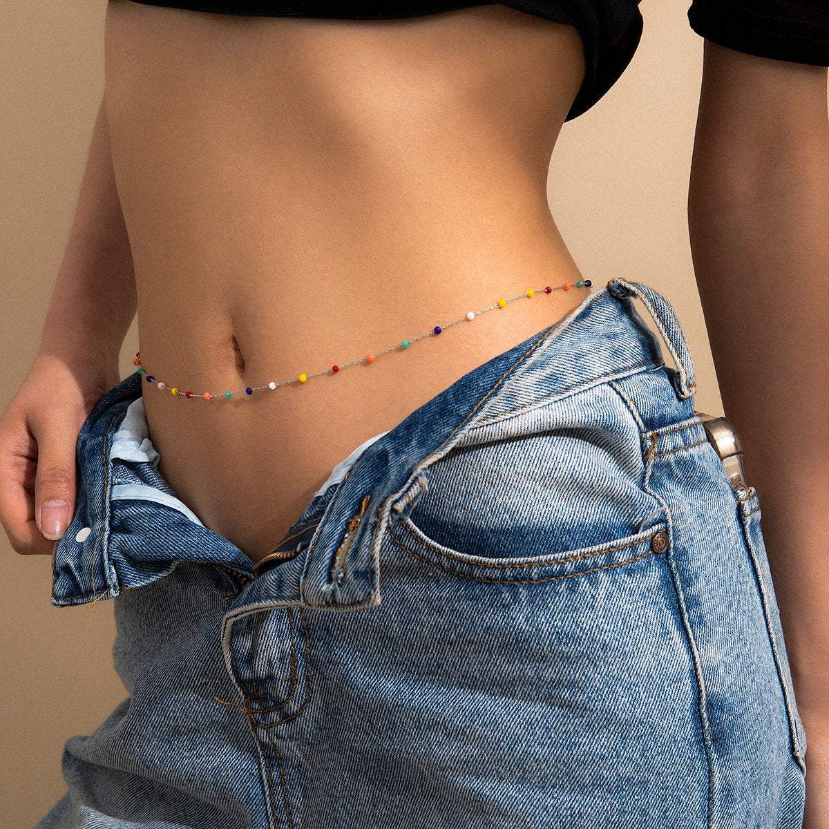 Dainty Gold Silver Tone Colorful Seed Bead Waist Chain