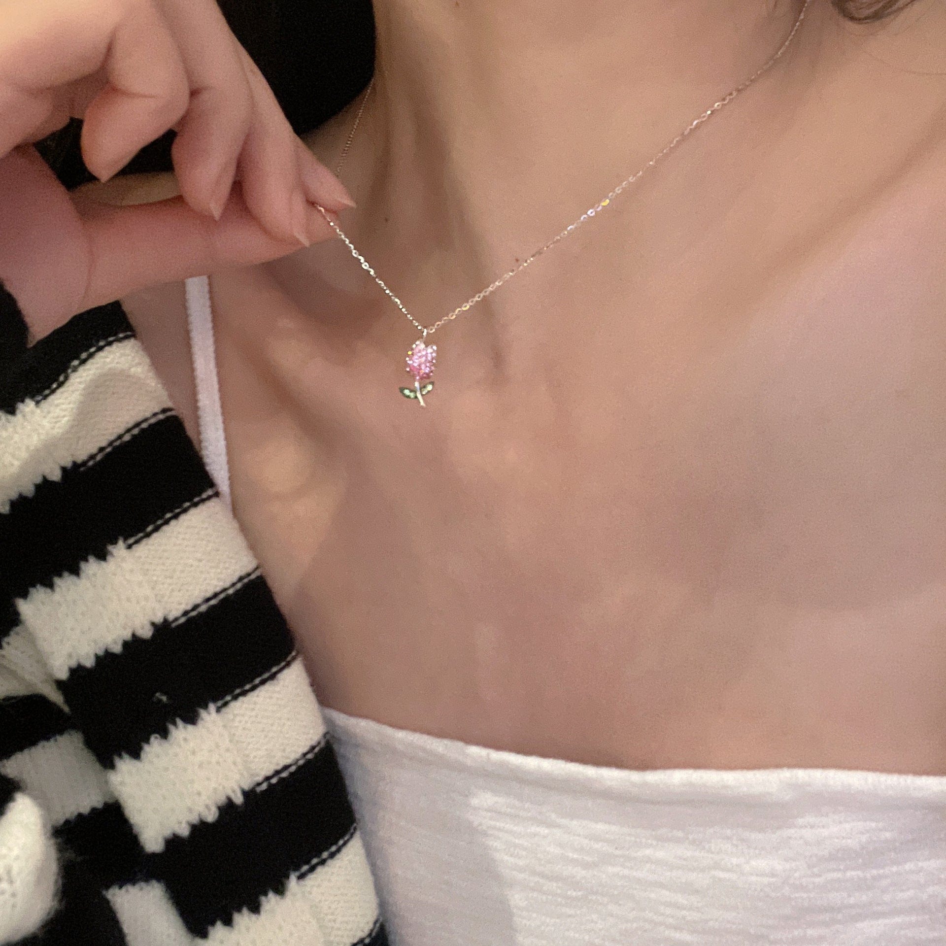 Dainty Handmade CZ Inlaid Pink Tulip Chain Necklace