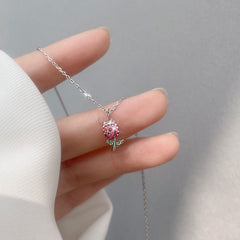 Dainty Handmade CZ Inlaid Pink Tulip Chain Necklace