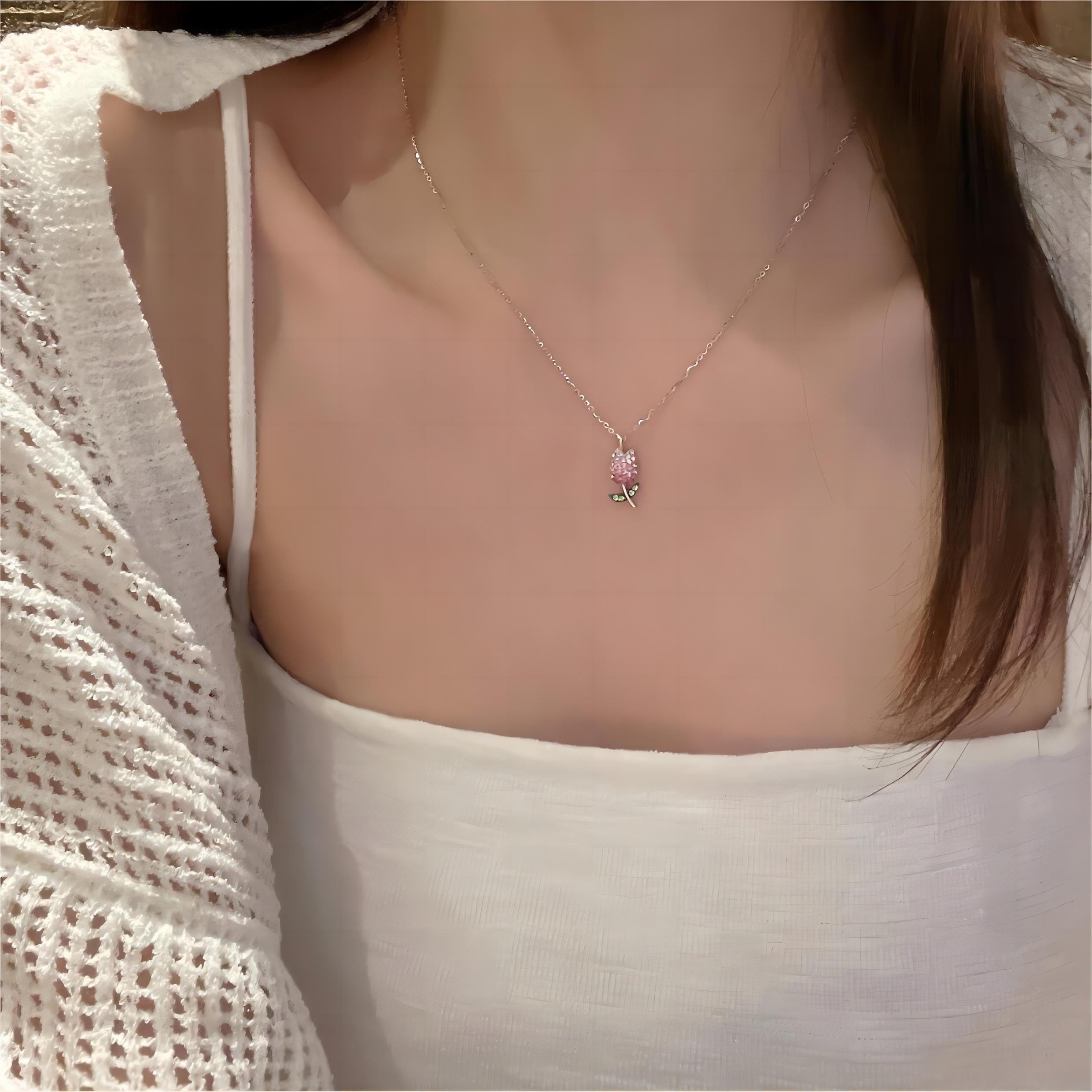 Dainty Handmade CZ Inlaid Pink Tulip Chain Necklace