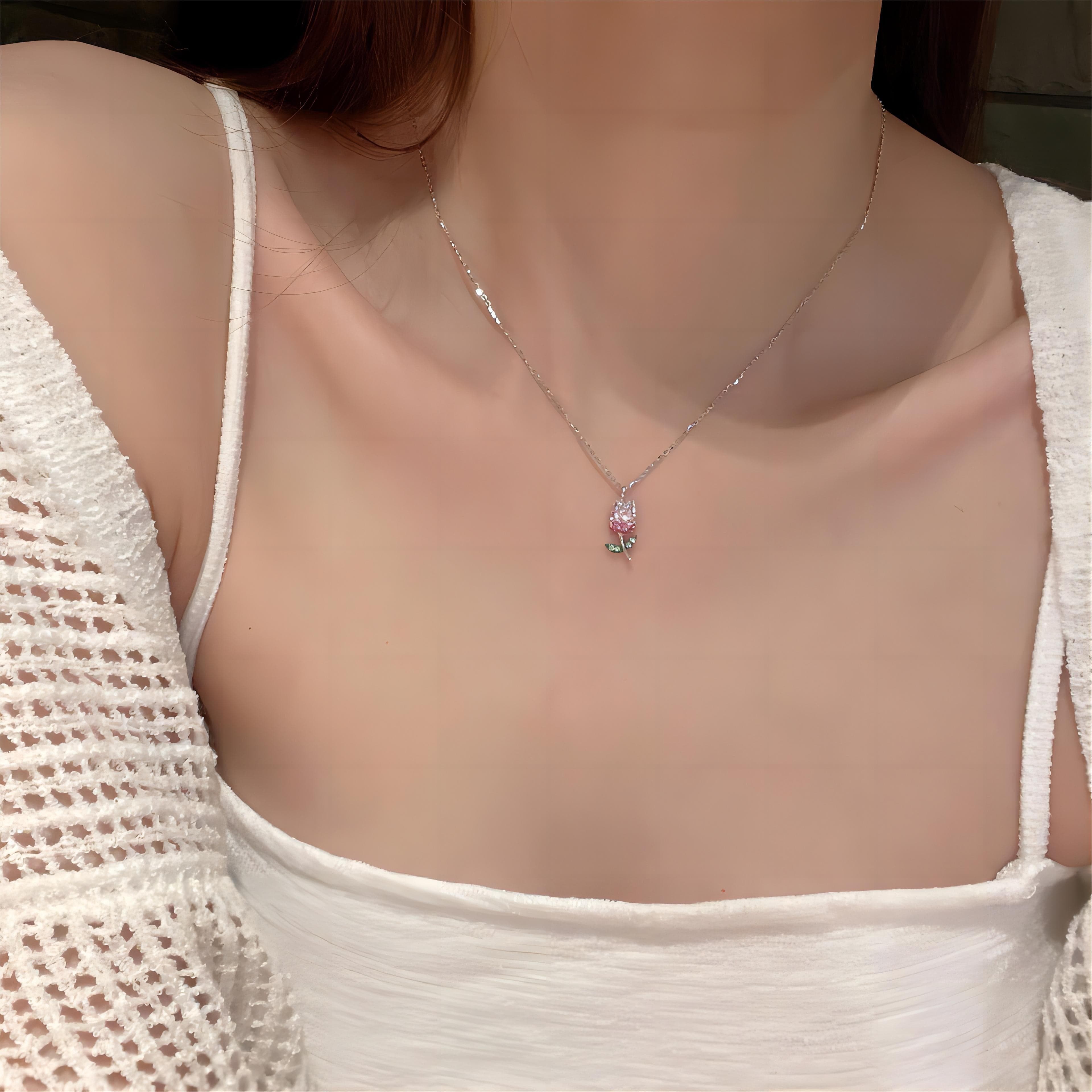 Dainty Handmade CZ Inlaid Pink Tulip Chain Necklace