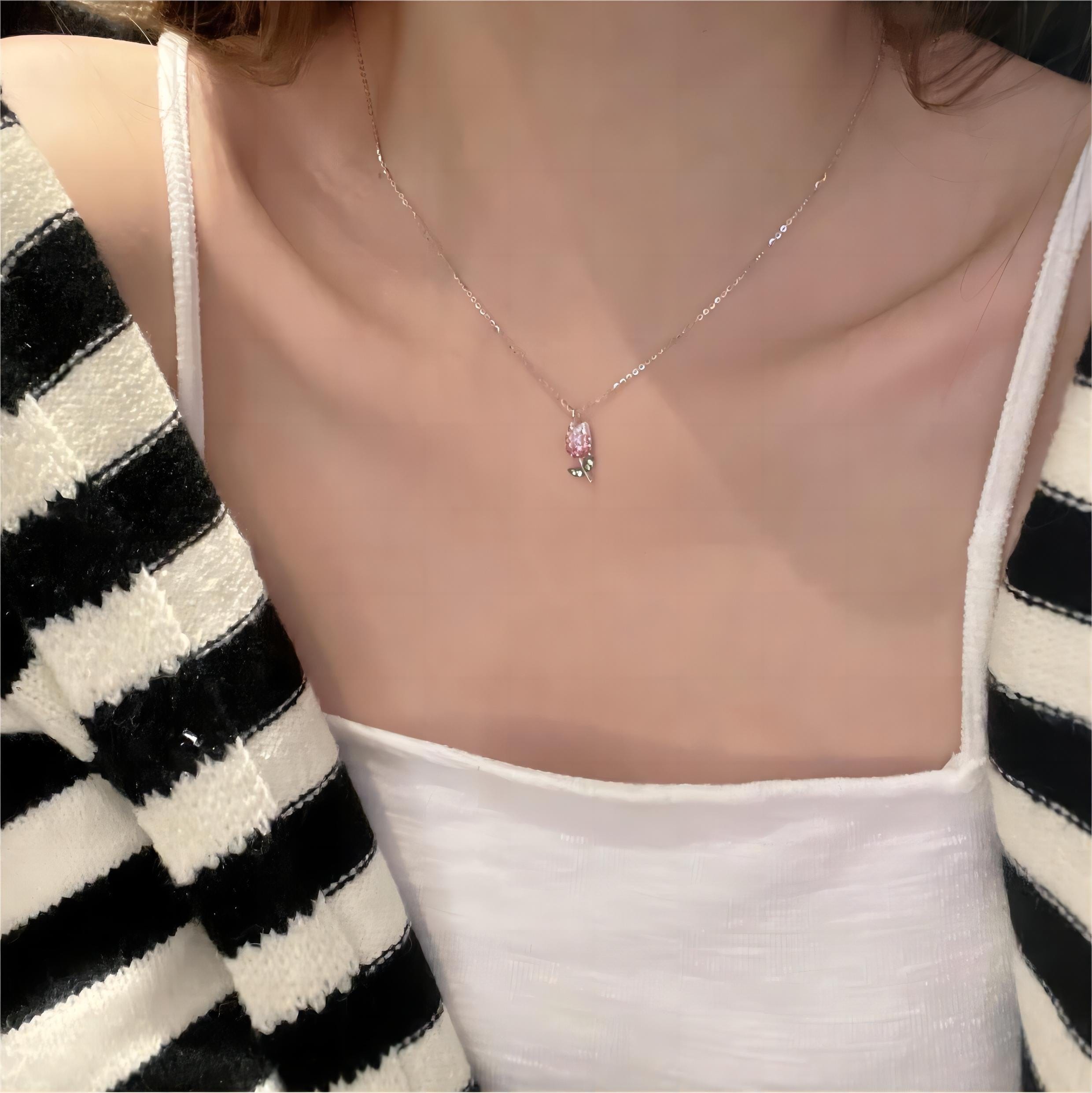 Dainty Handmade CZ Inlaid Pink Tulip Chain Necklace