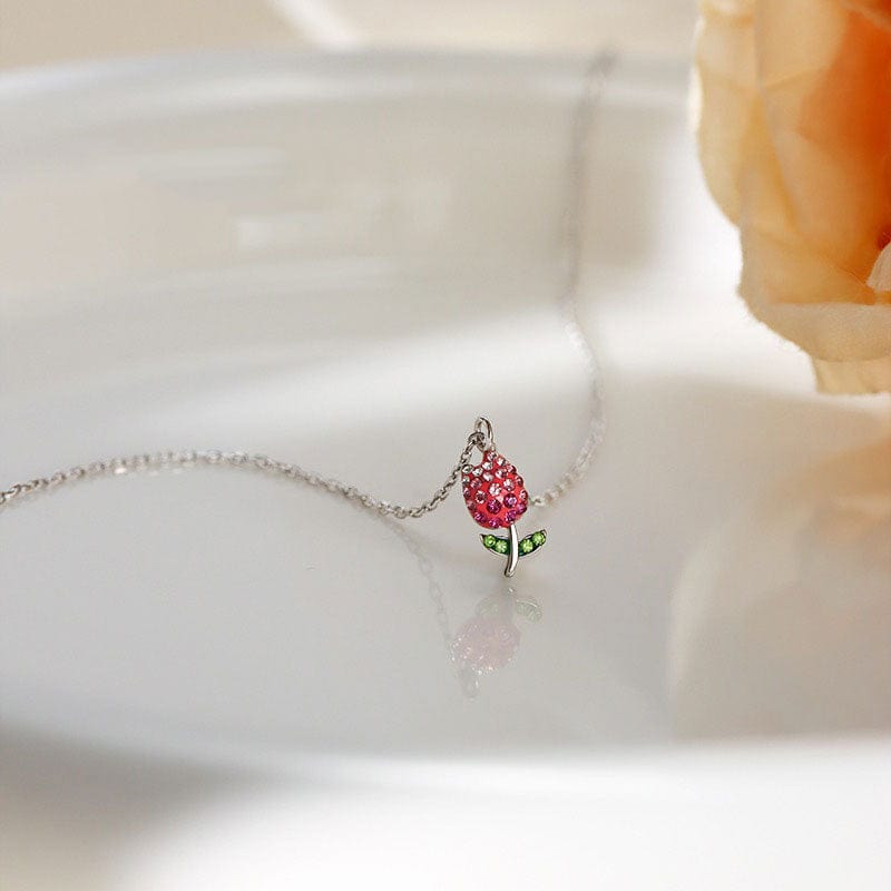 Dainty Handmade CZ Inlaid Pink Tulip Chain Necklace