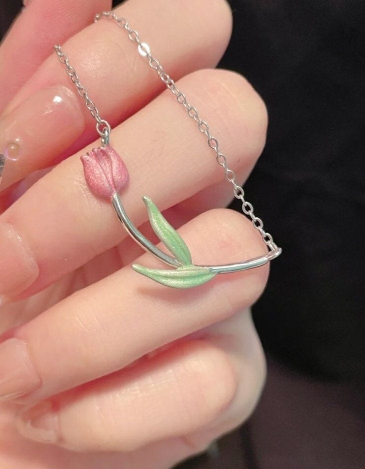 Dainty Handmade Enamel Pink Tulip Chain Necklace