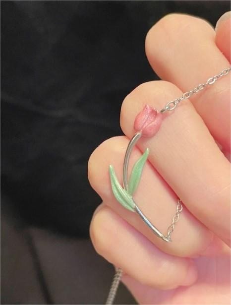 Dainty Handmade Enamel Pink Tulip Chain Necklace