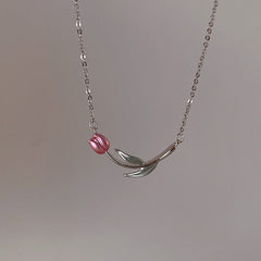 Dainty Handmade Enamel Pink Tulip Chain Necklace