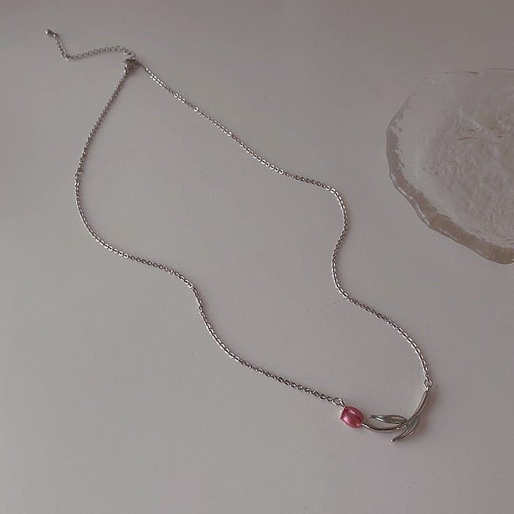 Dainty Handmade Enamel Pink Tulip Chain Necklace