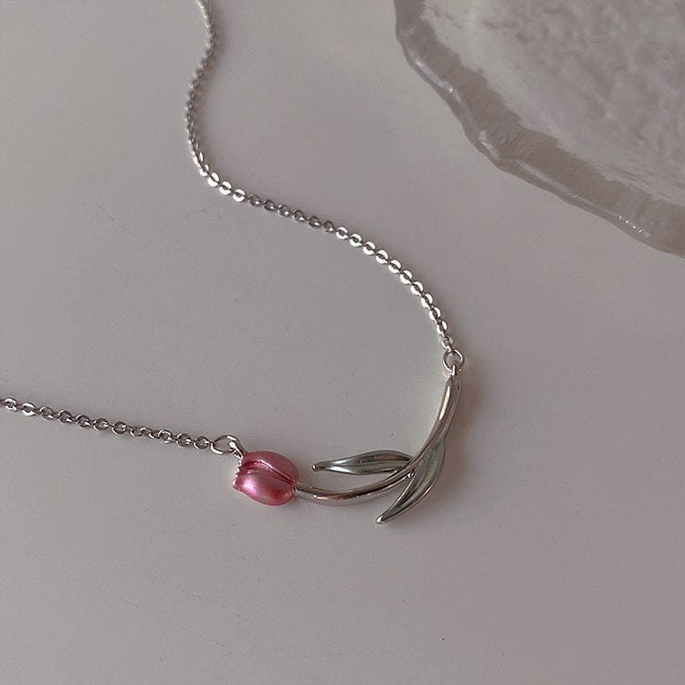 Dainty Handmade Enamel Pink Tulip Chain Necklace