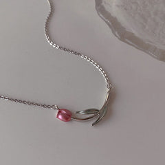 Dainty Handmade Enamel Pink Tulip Chain Necklace