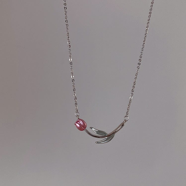 Dainty Handmade Enamel Pink Tulip Chain Necklace