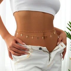 Dainty Layered Cross Tassel Waist Chain Set