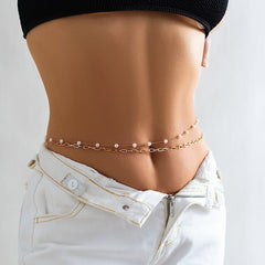 Dainty Layered Paperclip Pearl Belly Chain Set