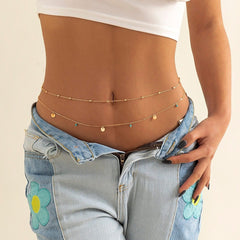 Dainty Layered Turquoise Sequins Tassel Saturn Belly Chain Set