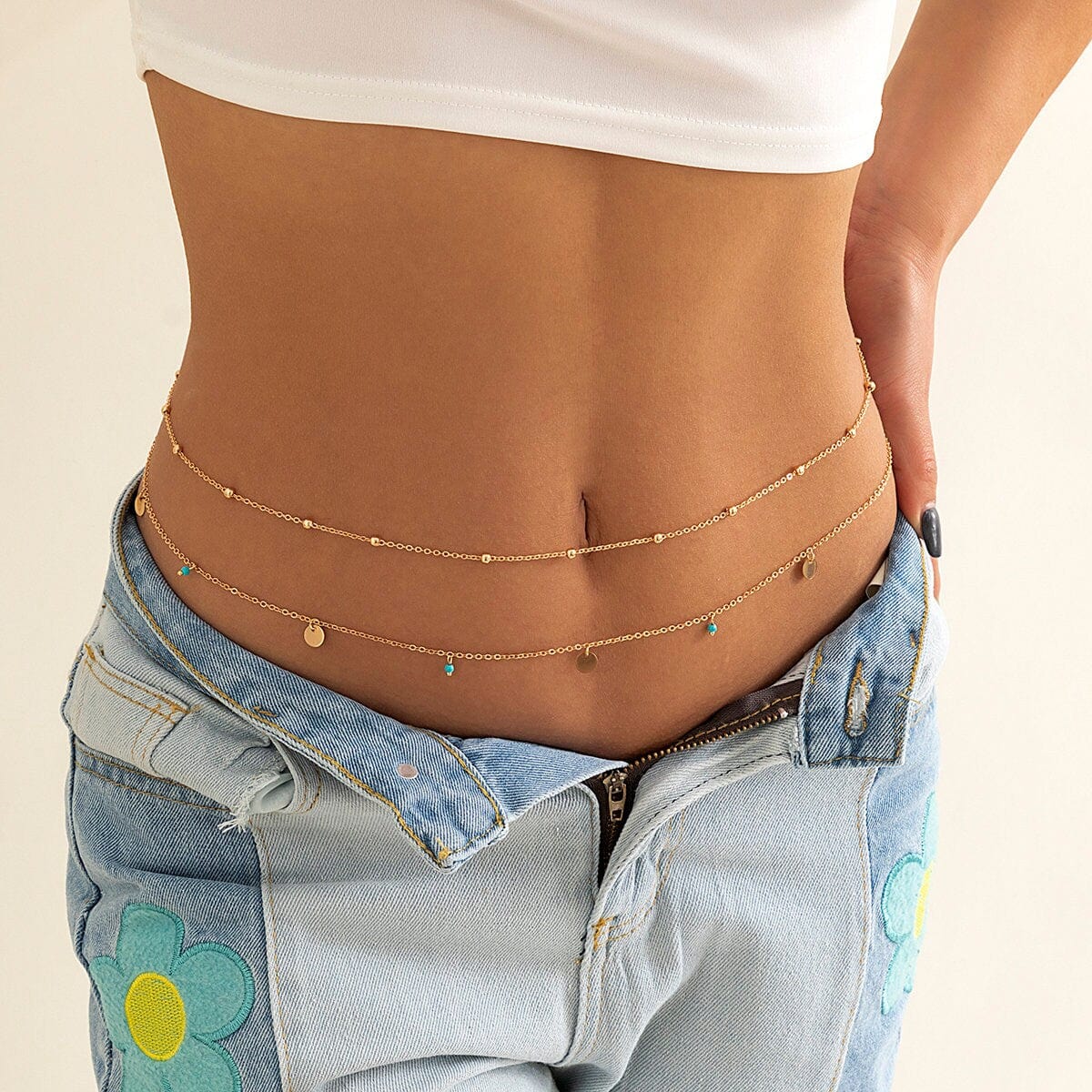 Dainty Layered Turquoise Sequins Tassel Saturn Belly Chain Set